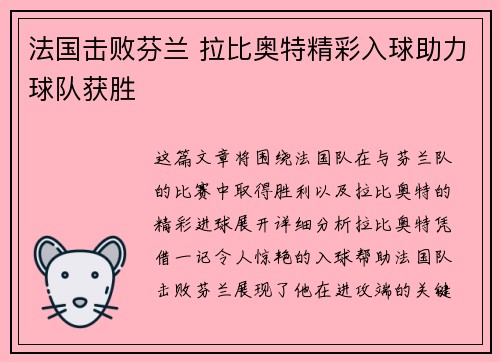 法国击败芬兰 拉比奥特精彩入球助力球队获胜