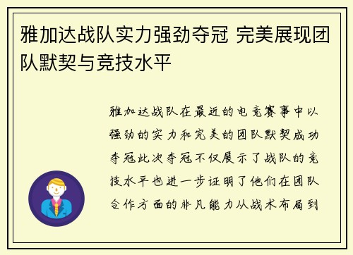 雅加达战队实力强劲夺冠 完美展现团队默契与竞技水平