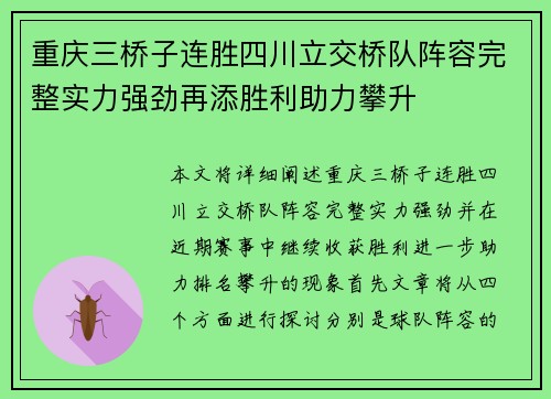 重庆三桥子连胜四川立交桥队阵容完整实力强劲再添胜利助力攀升