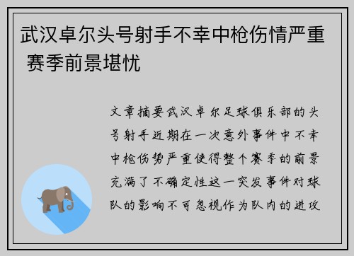 武汉卓尔头号射手不幸中枪伤情严重 赛季前景堪忧