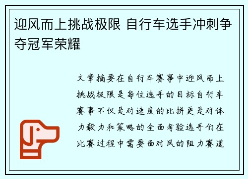 迎风而上挑战极限 自行车选手冲刺争夺冠军荣耀