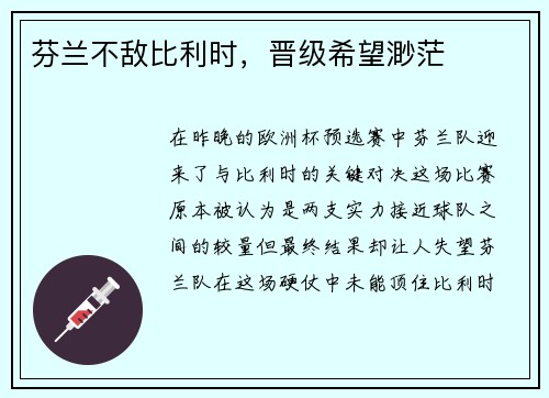 芬兰不敌比利时，晋级希望渺茫