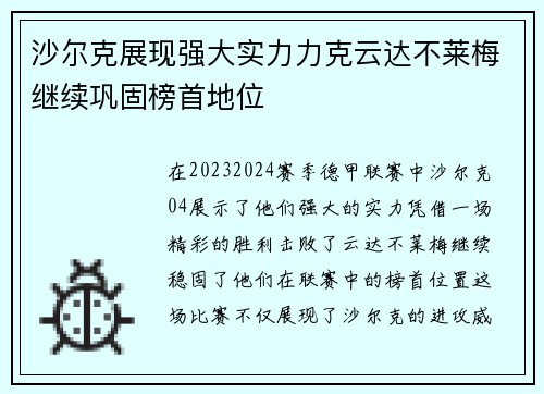 沙尔克展现强大实力力克云达不莱梅继续巩固榜首地位