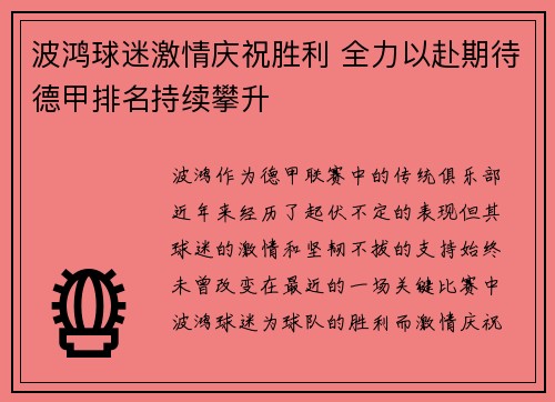 波鸿球迷激情庆祝胜利 全力以赴期待德甲排名持续攀升