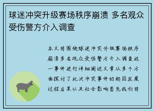 球迷冲突升级赛场秩序崩溃 多名观众受伤警方介入调查
