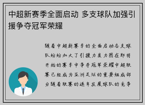 中超新赛季全面启动 多支球队加强引援争夺冠军荣耀