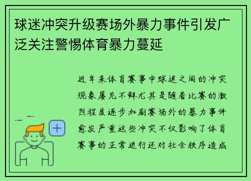 球迷冲突升级赛场外暴力事件引发广泛关注警惕体育暴力蔓延